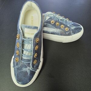 BCBG Girls Poppy Jeweled Denim Slip-On Sneakers | Size 2M | Rhinestone Floral